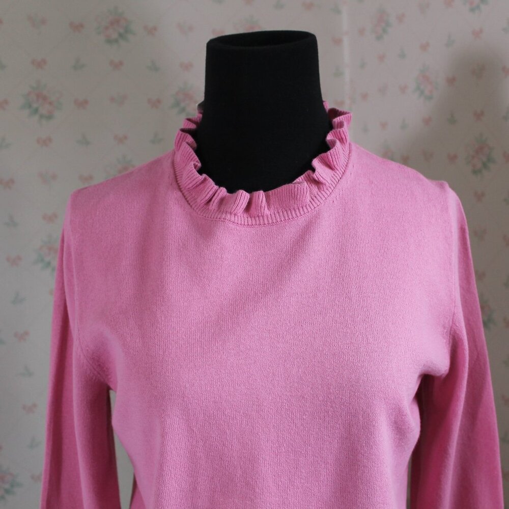 NWT J. Crew Factory Pink Ruffle Neck Cotton Sweater, Small - Picture 2 of 8